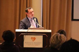 Peter Dunn, assistant chief development officer with the City of Worcester, spoke to a crowd of more than 100 people gathered for the Chamber's April WIN event. / PHOTO BY CHAMBER STAFF