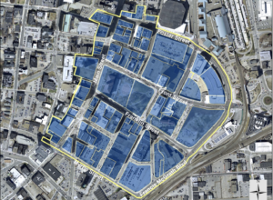 The City of Worcester's Business Improvement District, highlighted in blue, is one of 2,000 across the globe and reflects years of collaboration, planning and development execution. / COURTESY CITY OF WORCESTER