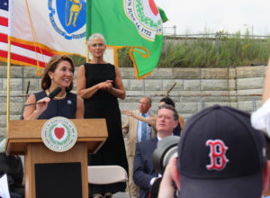 Massachusetts Lt. Gov. Karyn Polito speaks to gathered executives, developers, residents, and fans at the ceremonial groundbreaking of Polar Park Thursday. / PHOTO BY EMILY GOWDEY-BACKUS