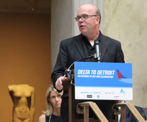 Congressman Jim McGovern addresses fellow regional and state leaders at the Evening of Art and Celebration at Worcester Art Museum in honor of the inaugural Delta Air Lines flight from Worcester Regional Airport to Detroit Metropolitan Wayne County Airport on Friday, Aug. 2. PHOTO BY EMILY GOWDEY-BACKUS.