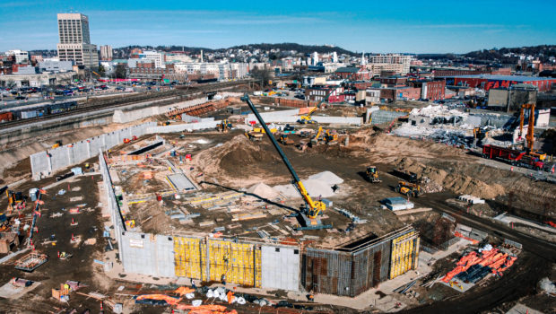 Construction on Polar Park continues in this January 2020 photo as the diamond-shaped ballpark comes into view. / PHOTO COURTESY WOO SOX